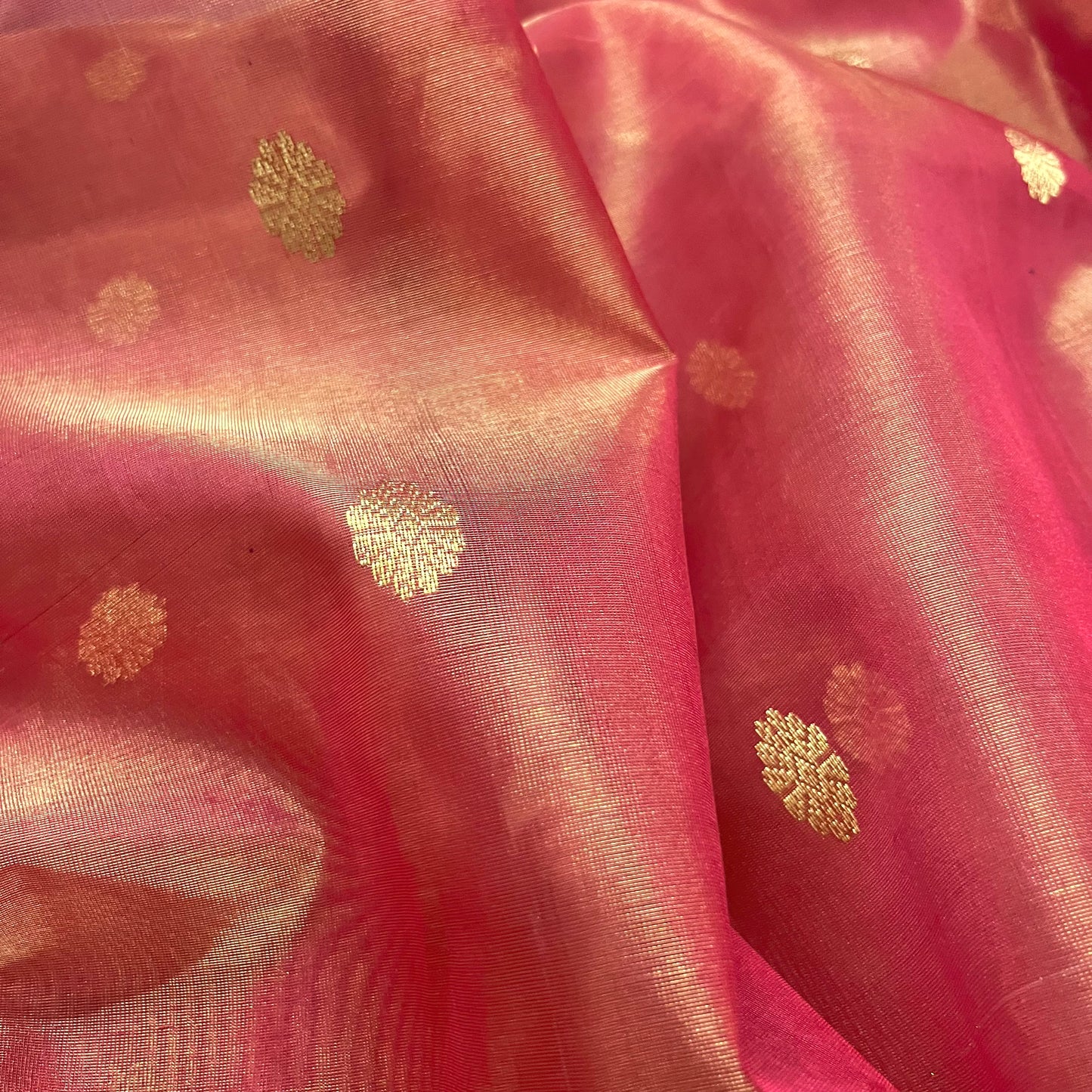 Red and gold chanderi katan silk saree with zari bootis all over