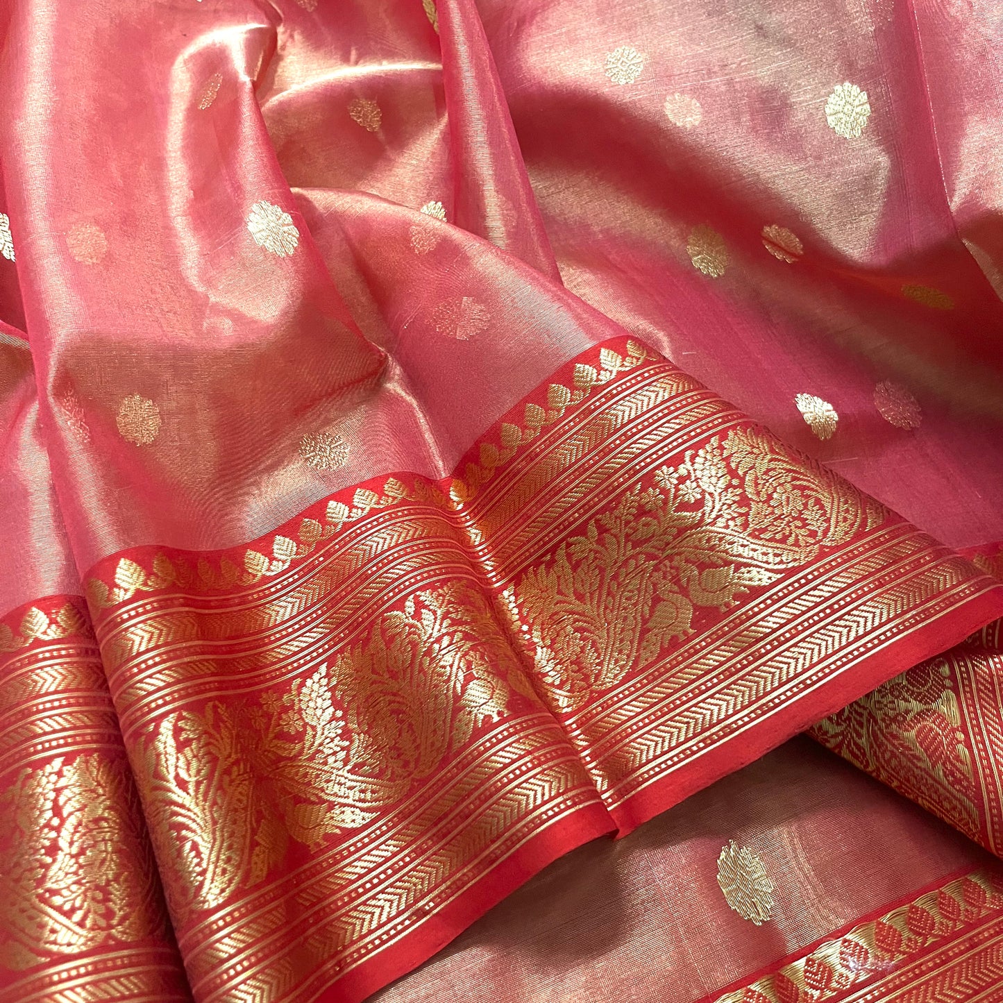 Red and gold chanderi katan silk saree with zari bootis all over