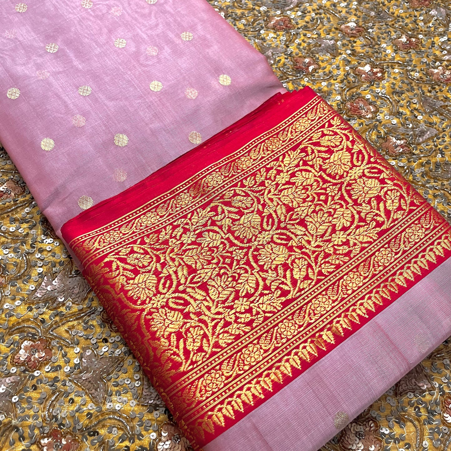 Dusty pink and red chanderi katan silk saree with zari bootis all over