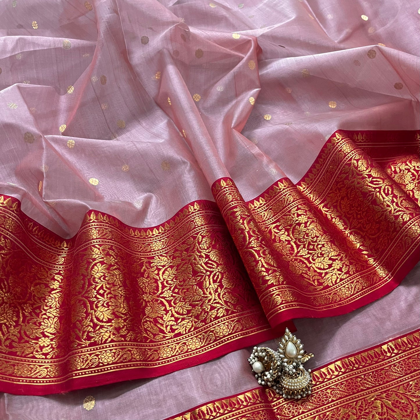 Dusty pink and red chanderi katan silk saree with zari bootis all over