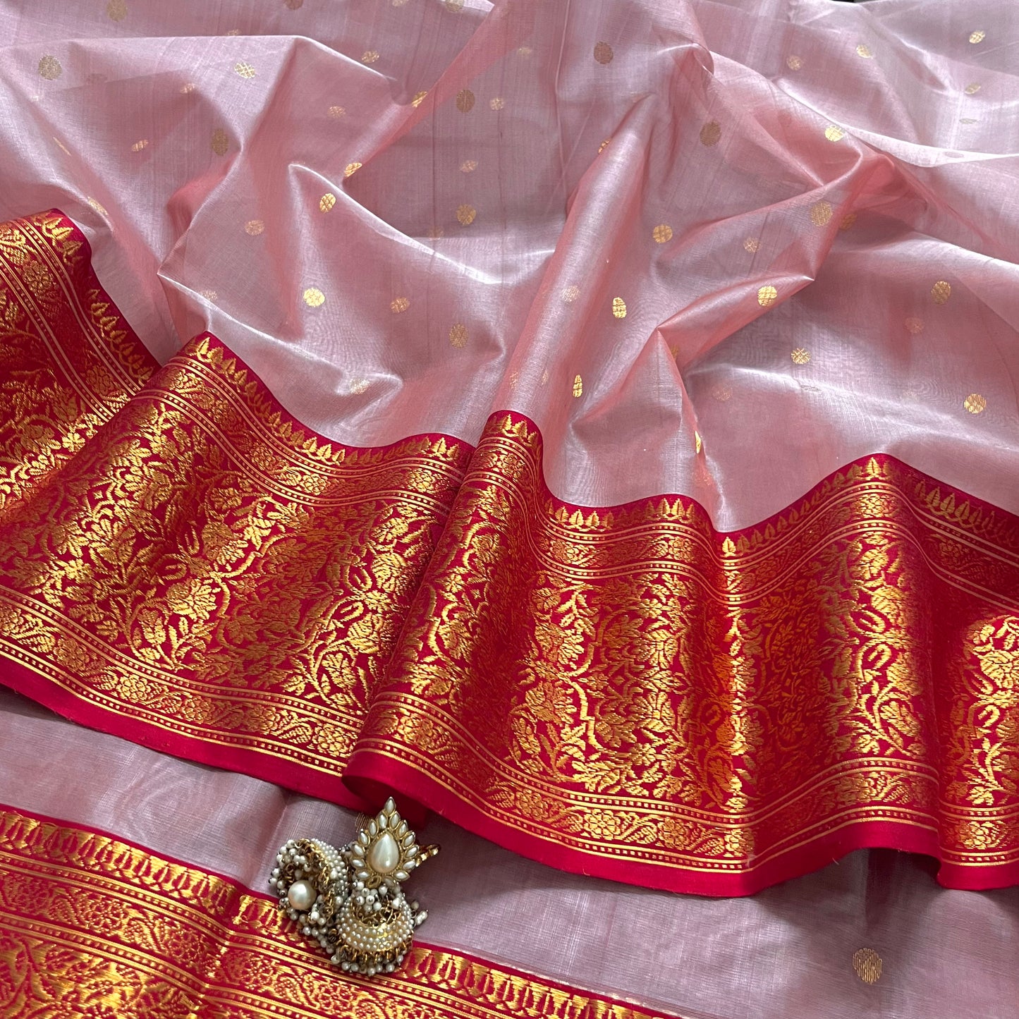 Dusty pink and red chanderi katan silk saree with zari bootis all over