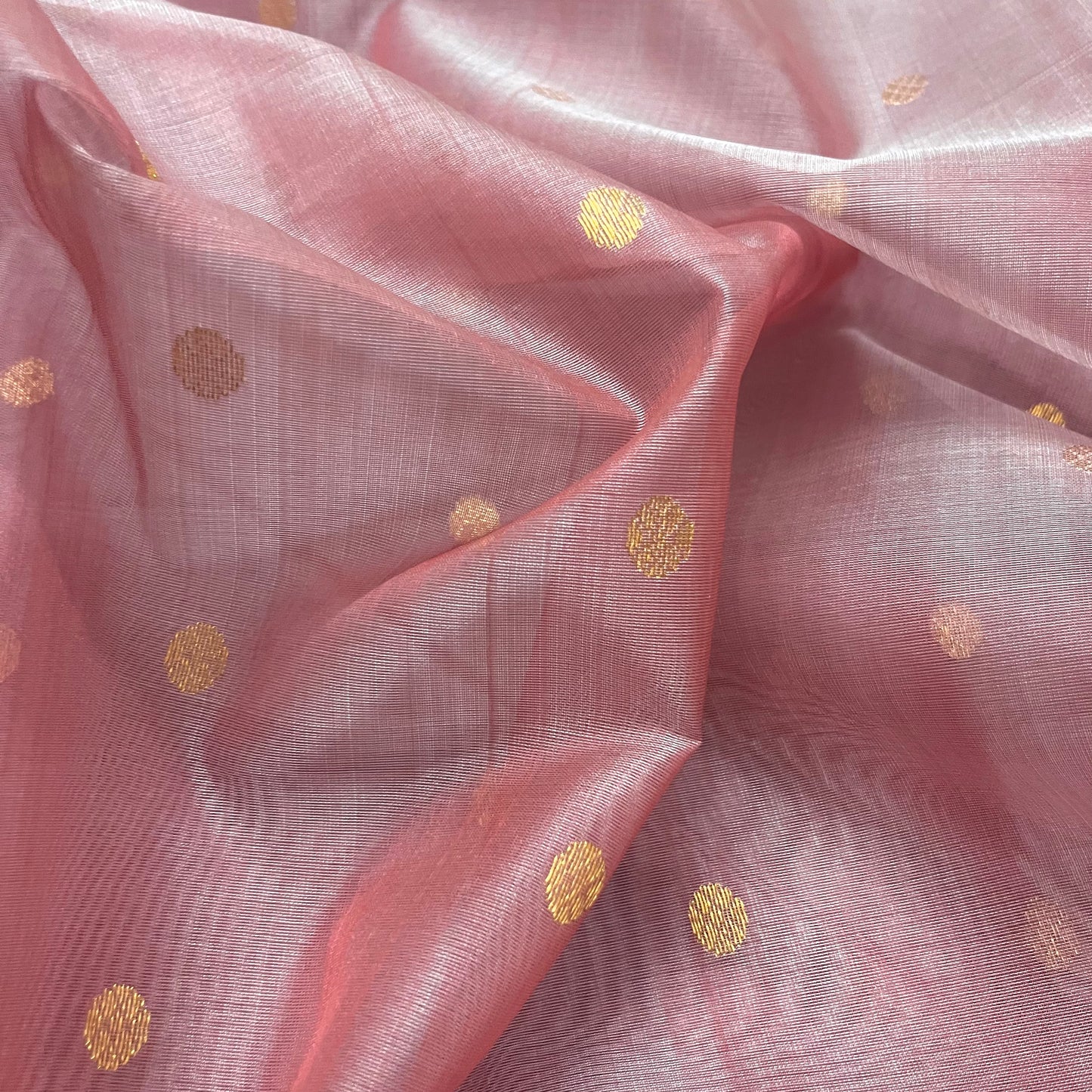 Dusty pink and red chanderi katan silk saree with zari bootis all over