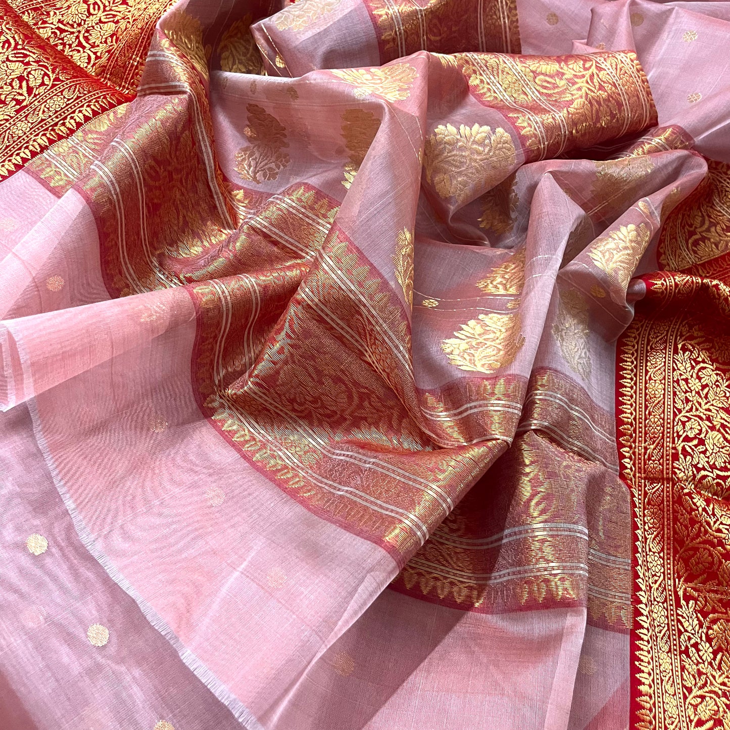 Dusty pink and red chanderi katan silk saree with zari bootis all over