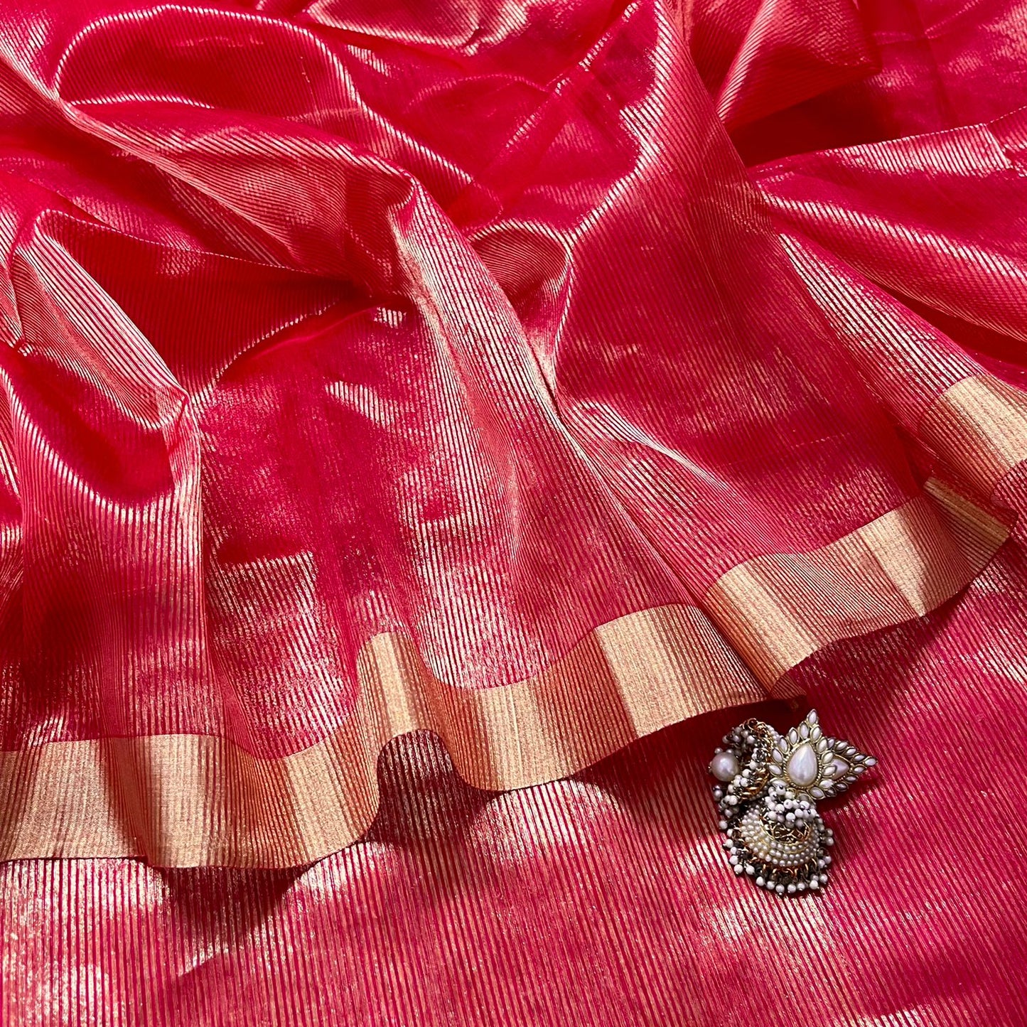 Strawberry pink maheshwari saree with zari lines all over