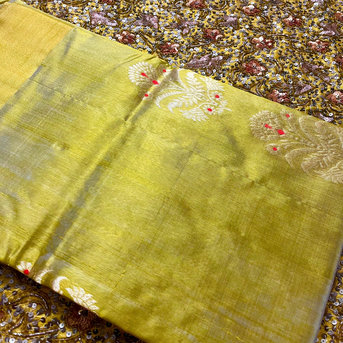 Gold olive chanderi silk saree with meenakari work all over