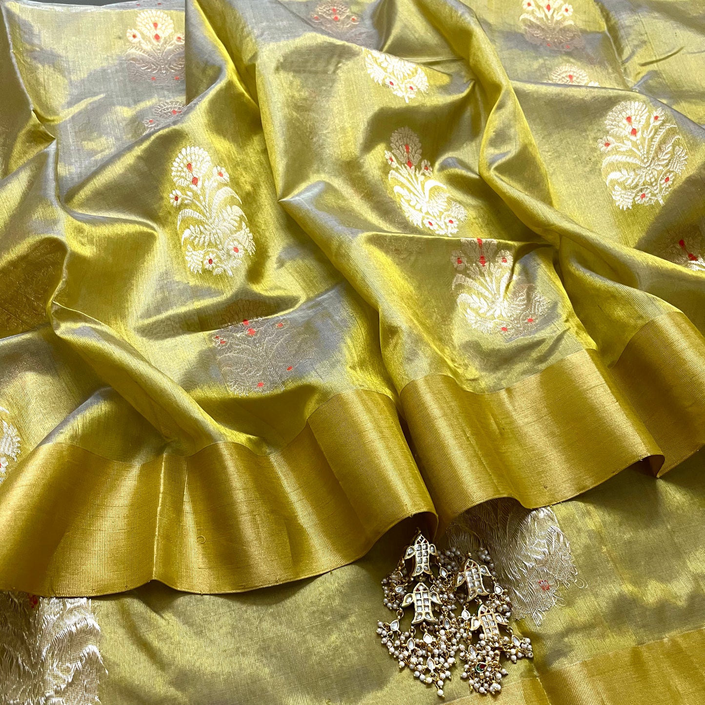 Gold olive chanderi silk saree with meenakari work all over