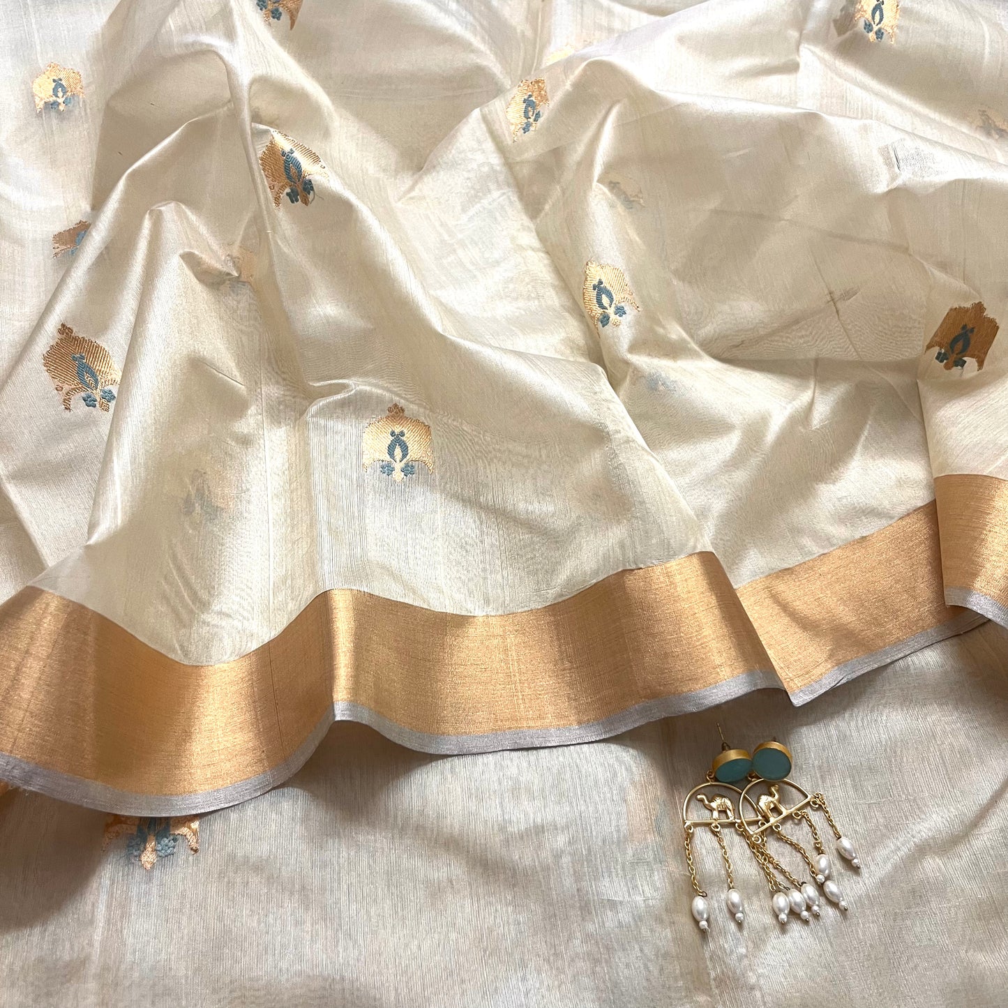 Beige chanderi silk saree with meenakari work all over