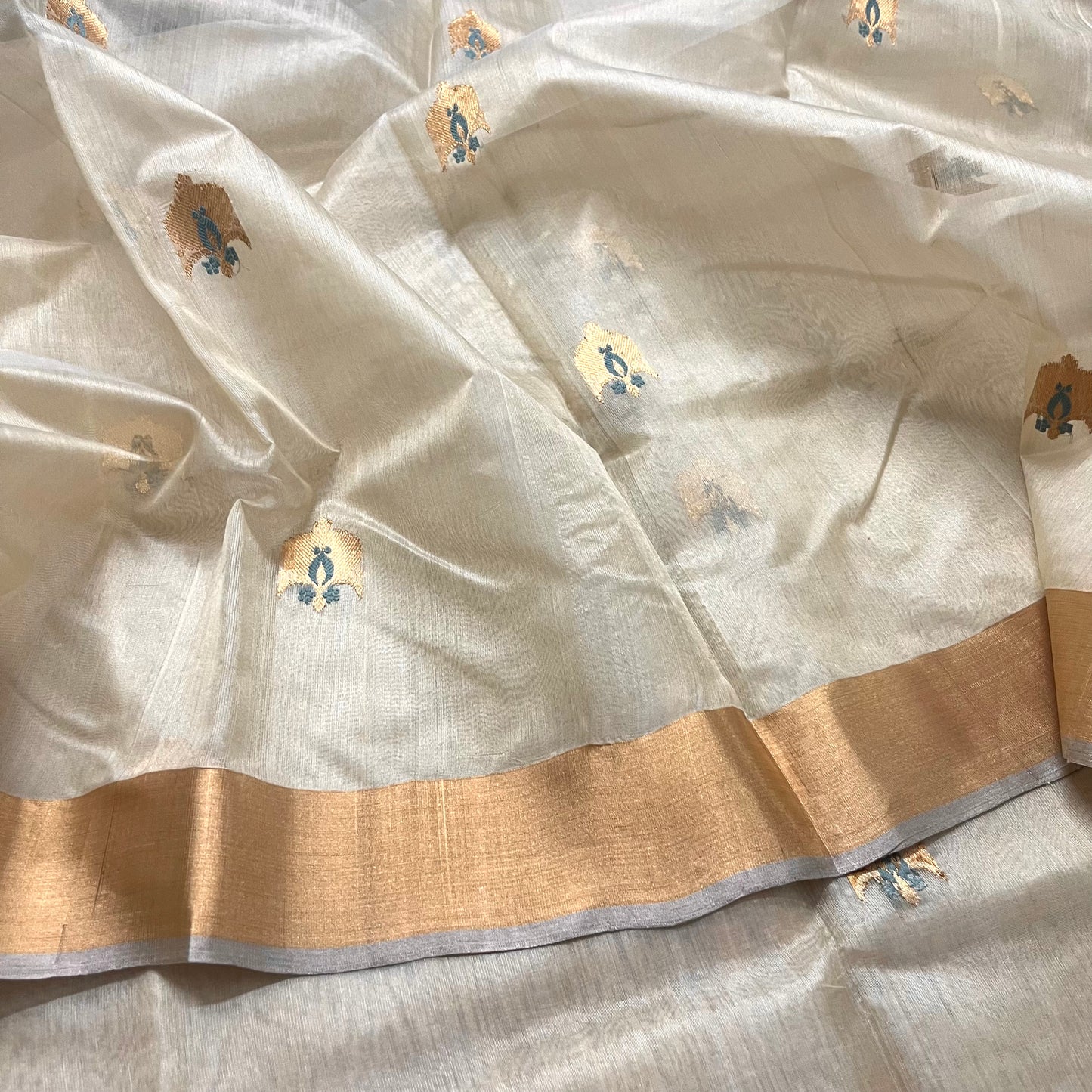 Beige chanderi silk saree with meenakari work all over