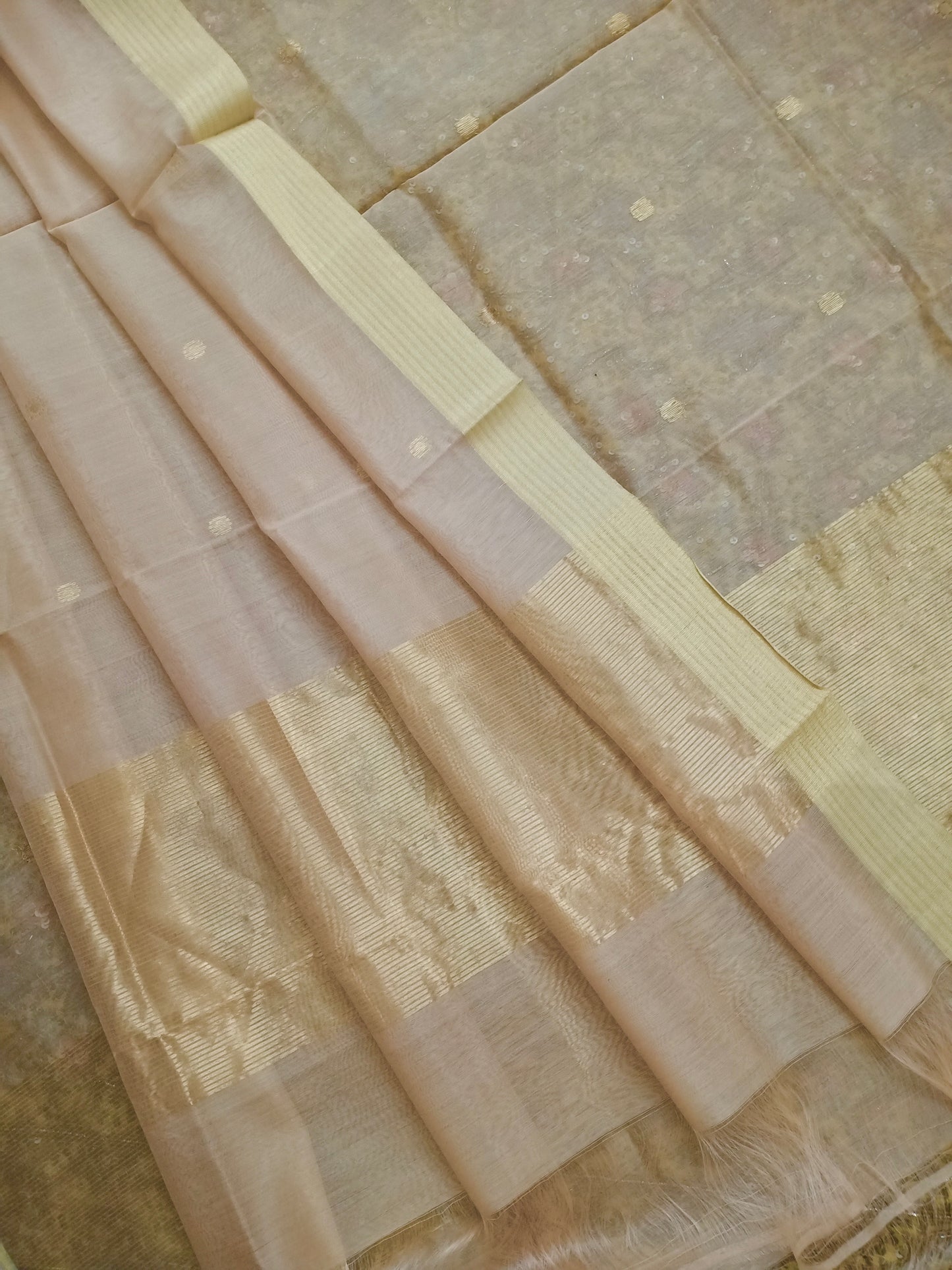 Beige chanderi dupatta with zari bootis all over