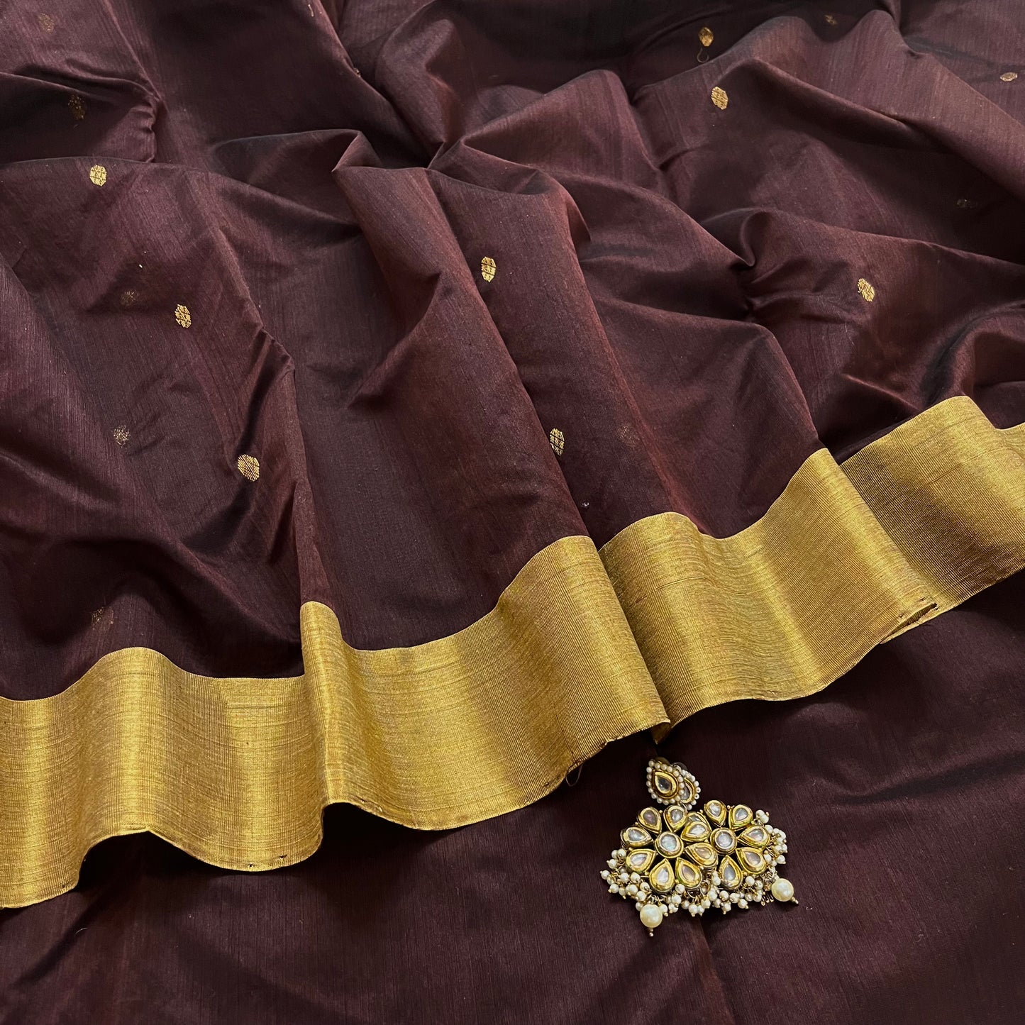 Coffee brown chanderi saree with zari motifs on pallu