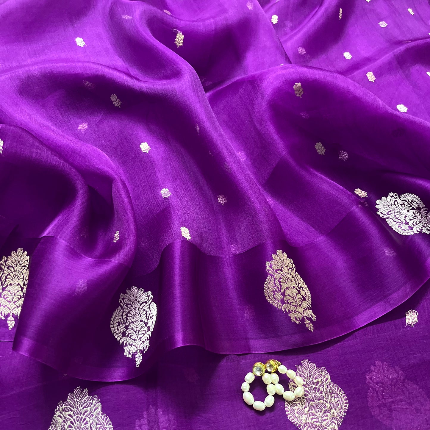 Violet banarasi silk saree with silver zari motifs all over