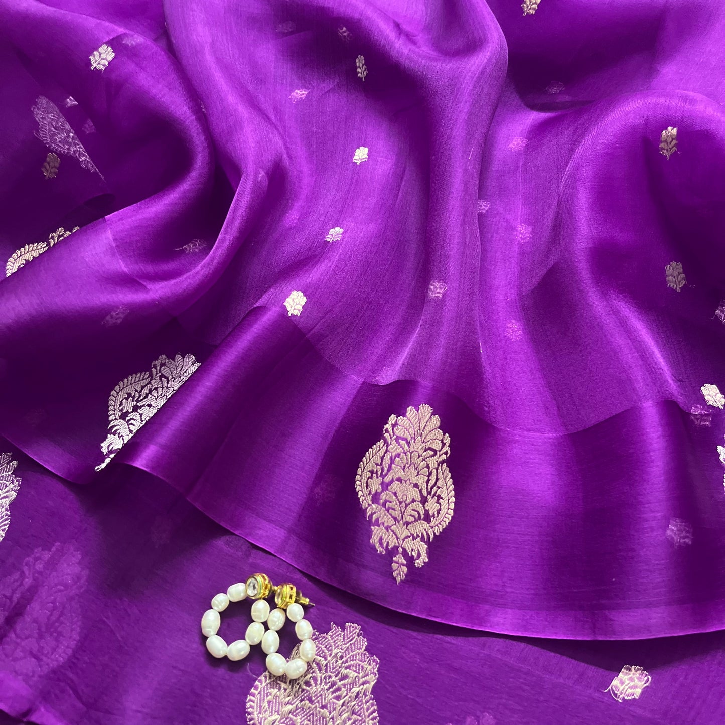 Violet banarasi silk saree with silver zari motifs all over