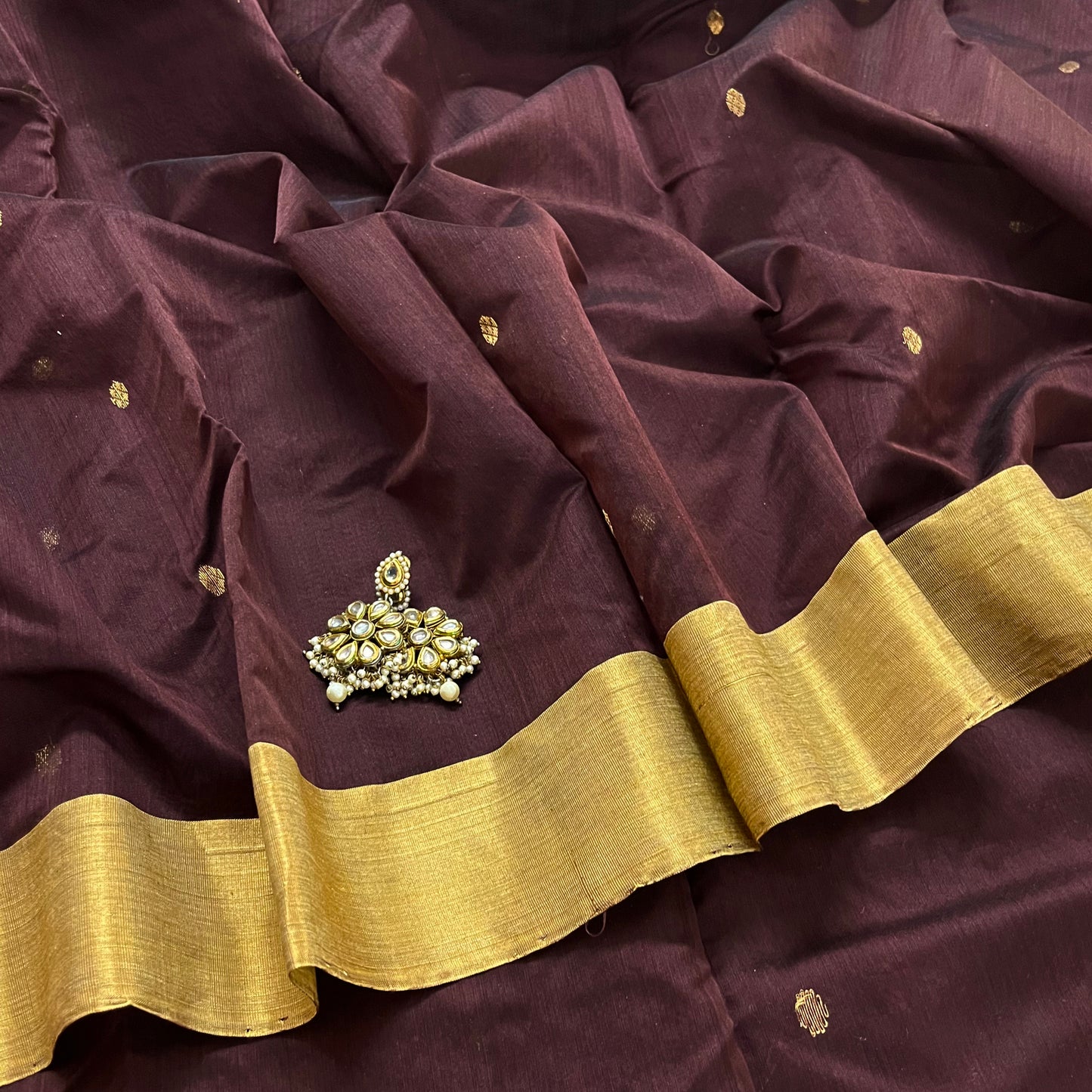 Coffee brown chanderi saree with zari motifs on pallu