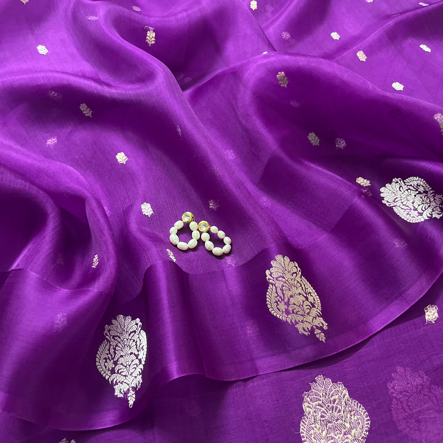 Violet banarasi silk saree with silver zari motifs all over