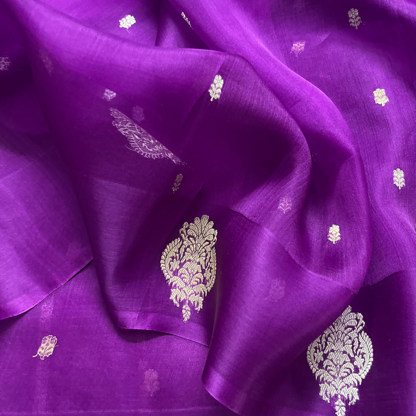 Violet banarasi silk saree with silver zari motifs all over