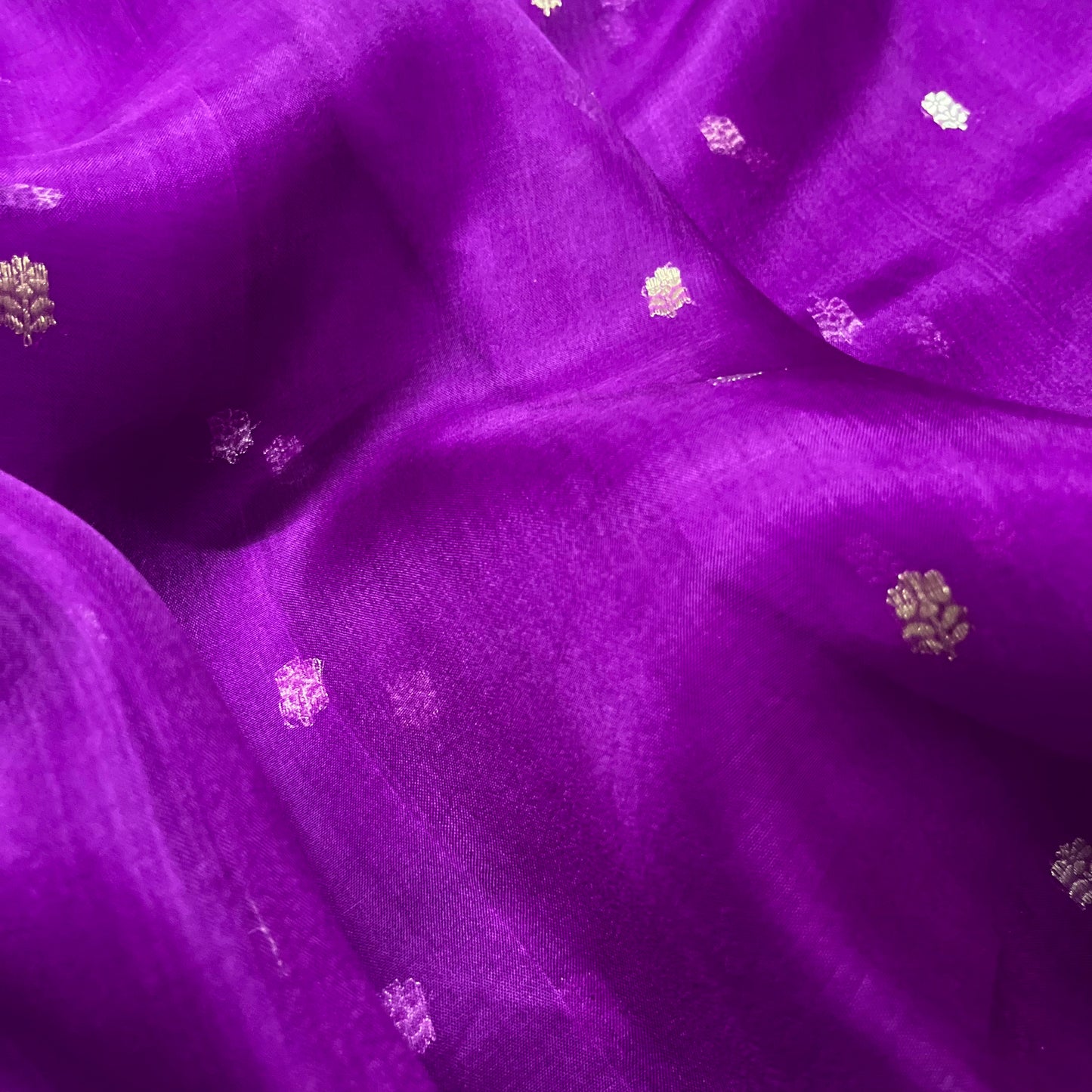 Violet banarasi silk saree with silver zari motifs all over