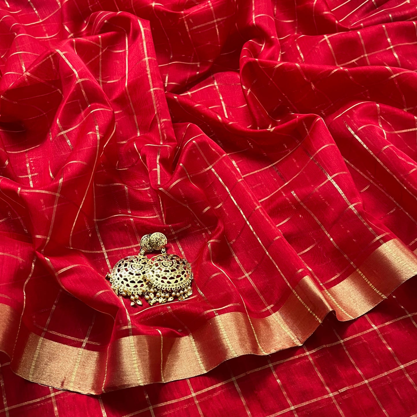 Red maheshwari saree with zari checks all over