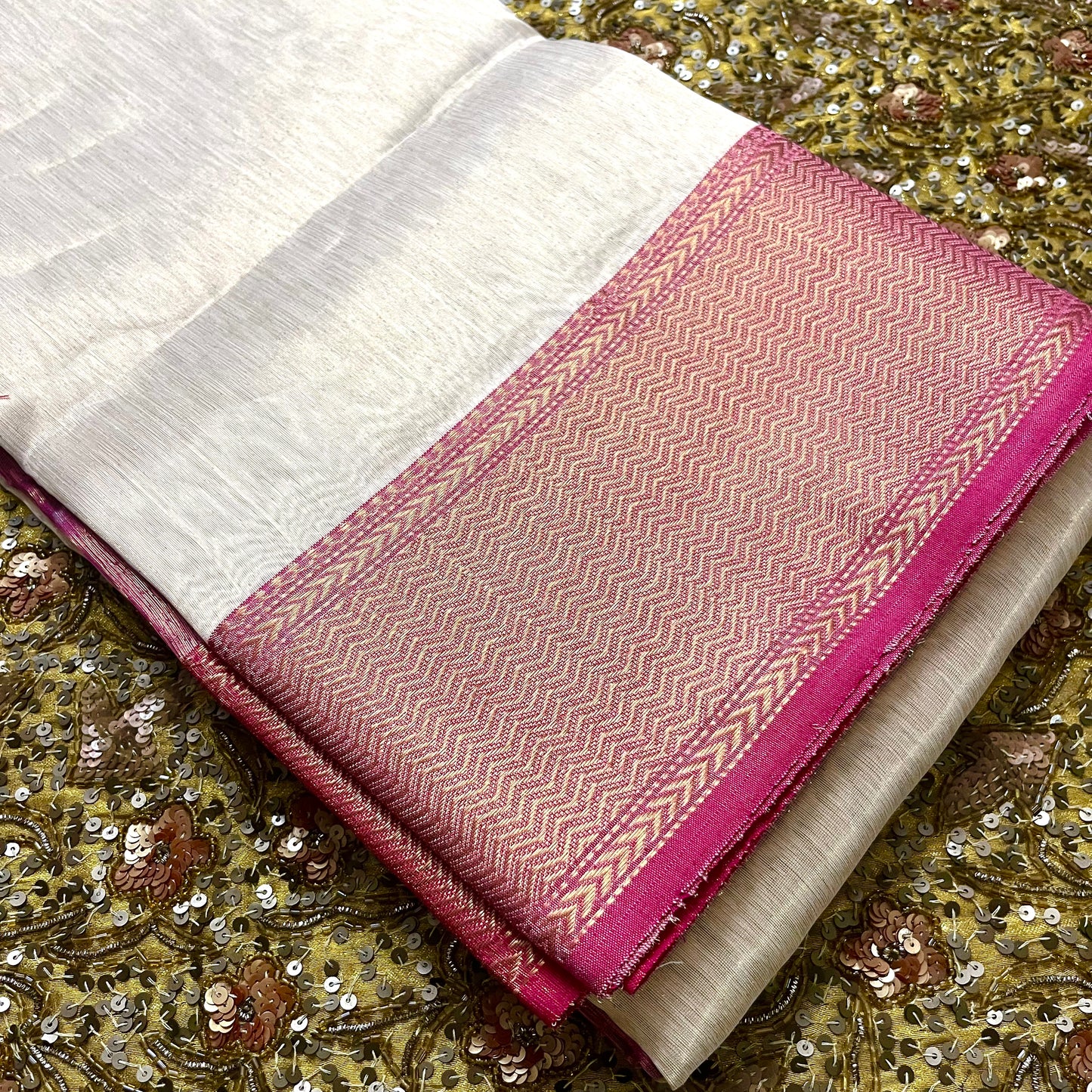 Champagne gold and pink maheshwari tissue silk saree