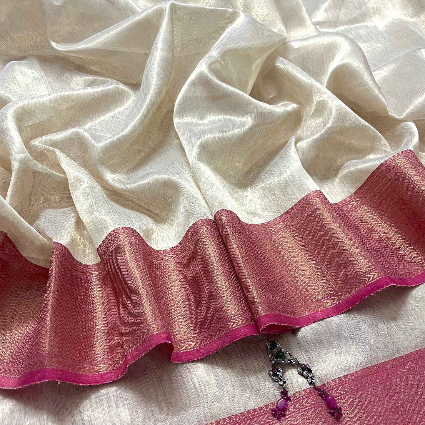 Champagne gold and pink maheshwari tissue silk saree