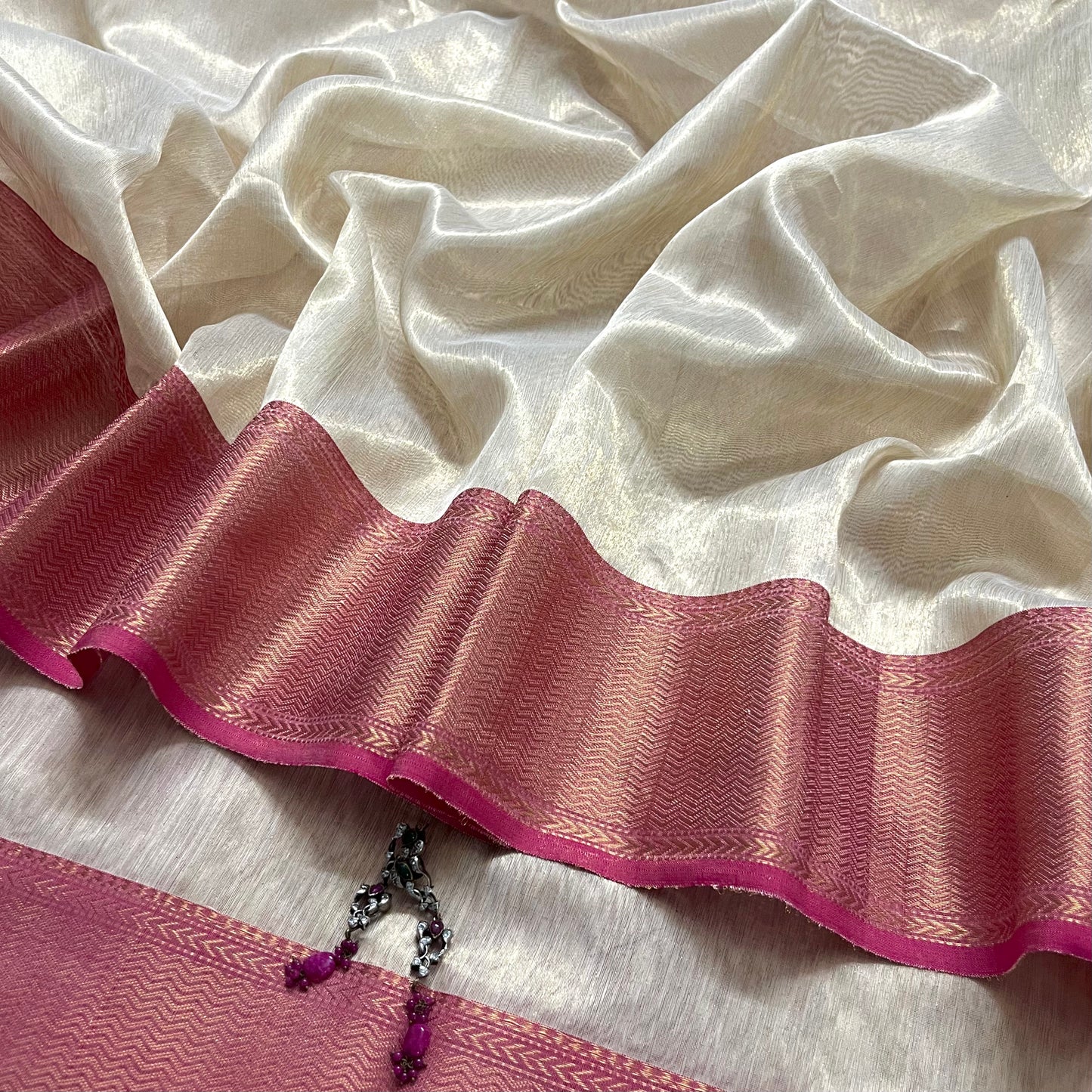 Champagne gold and pink maheshwari tissue silk saree