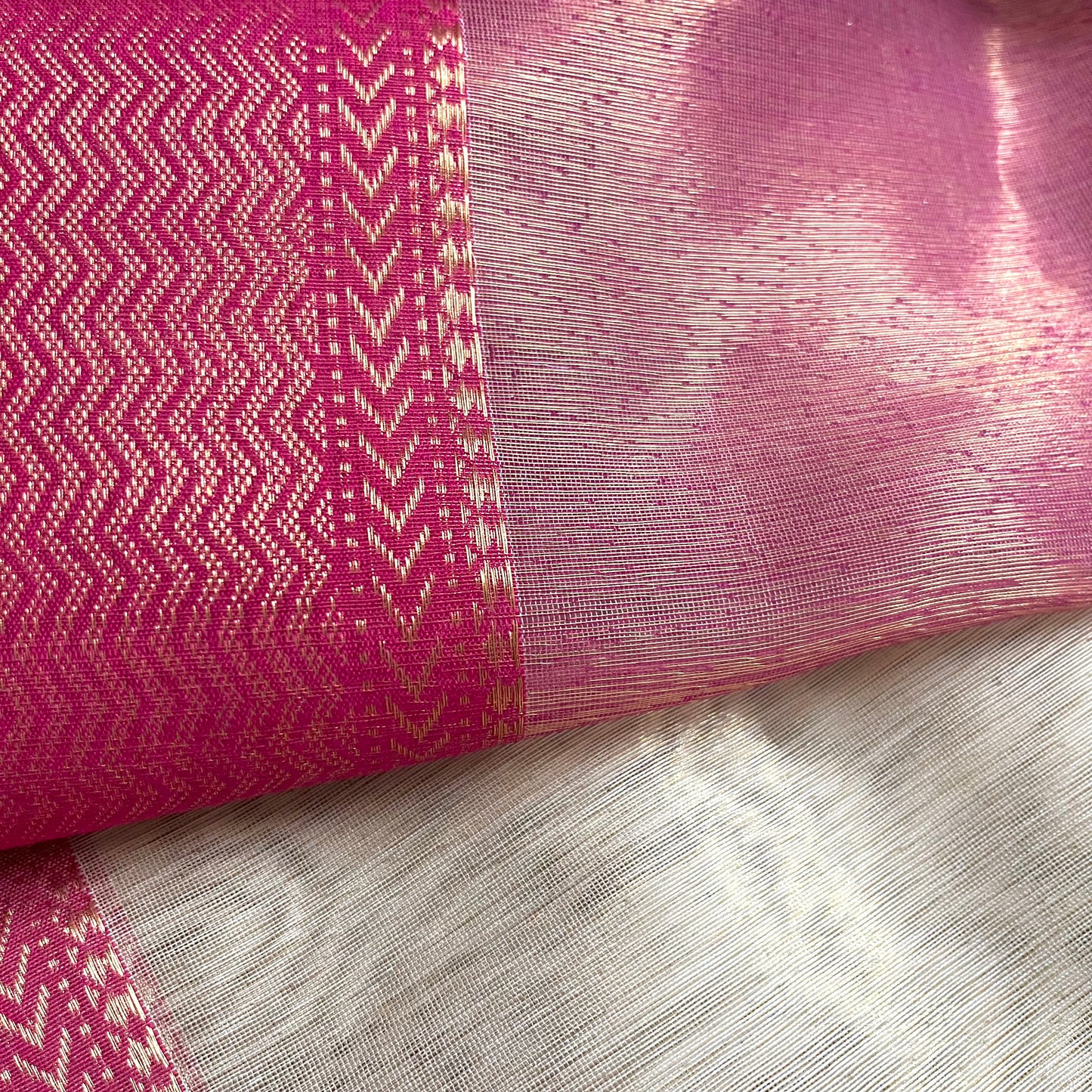 Champagne gold and pink maheshwari tissue silk saree