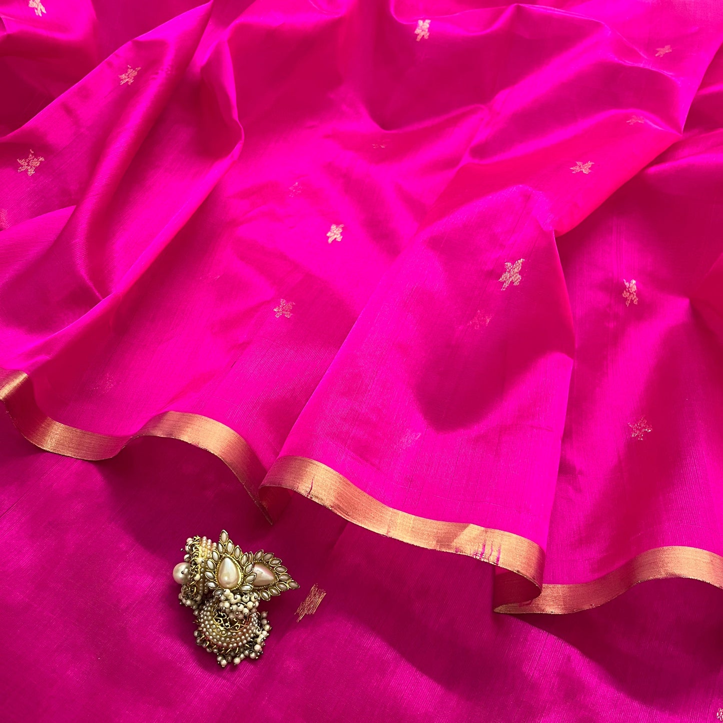 (Shop the look) Rani pink chanderi silk saree with flower bootis all over