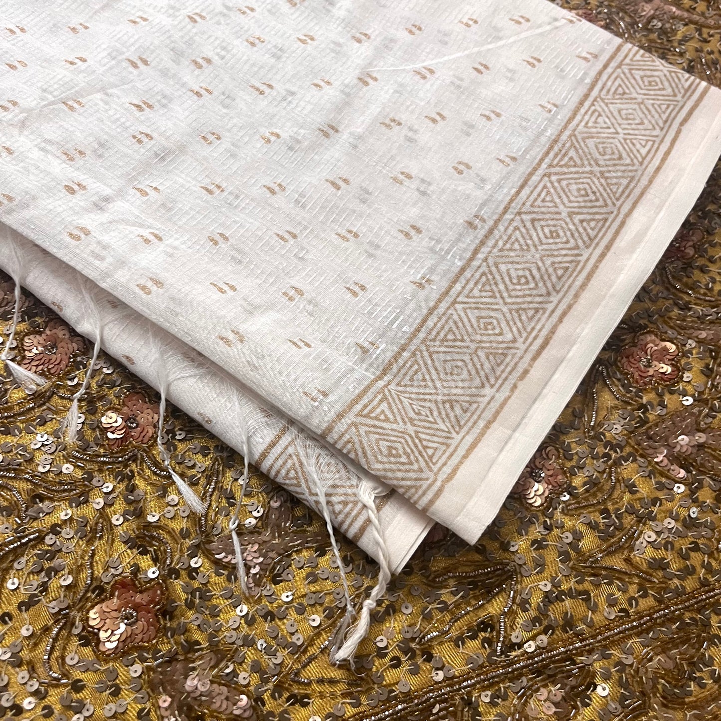 Pearl white maheshwari saree with handblock print all over