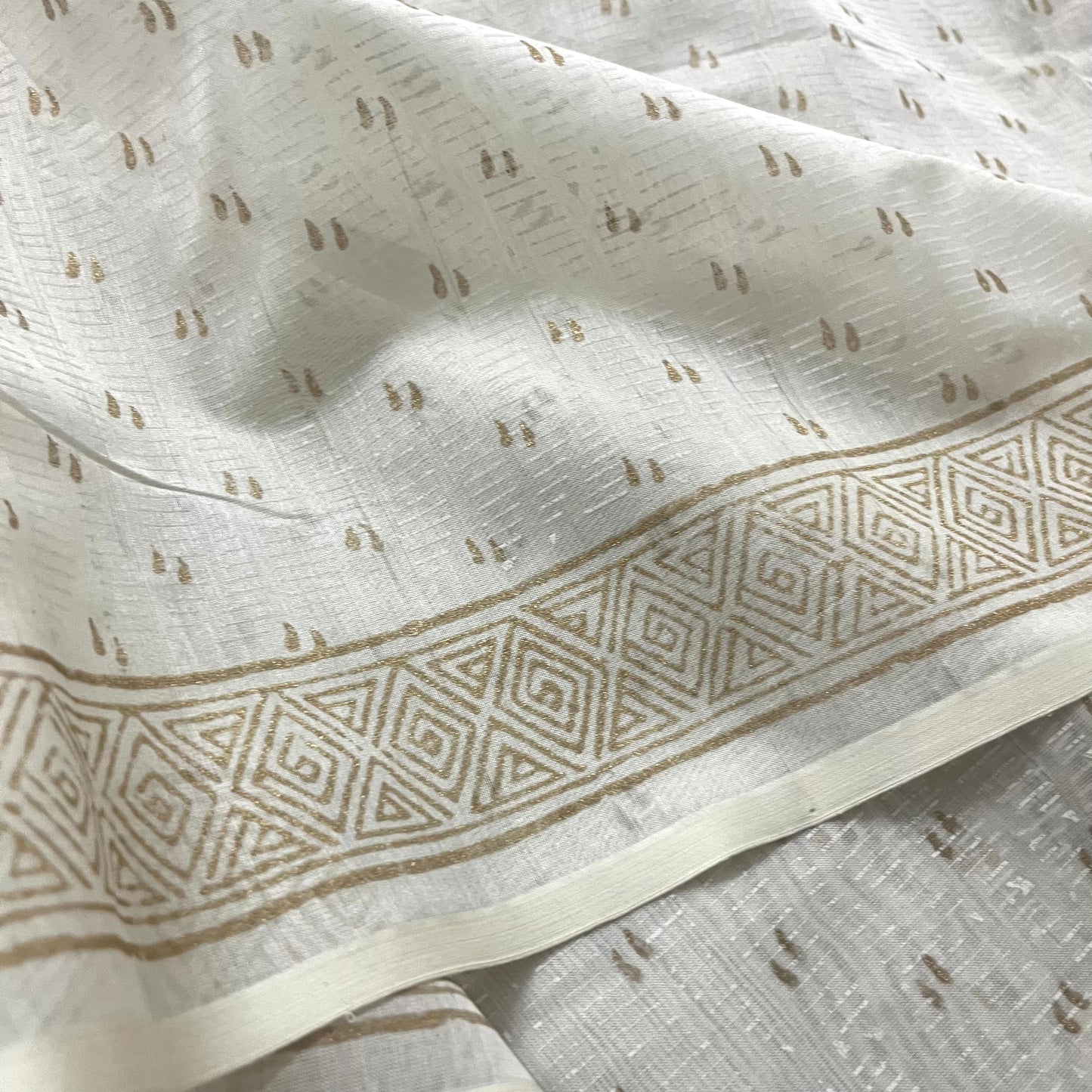 Pearl white maheshwari saree with handblock print all over