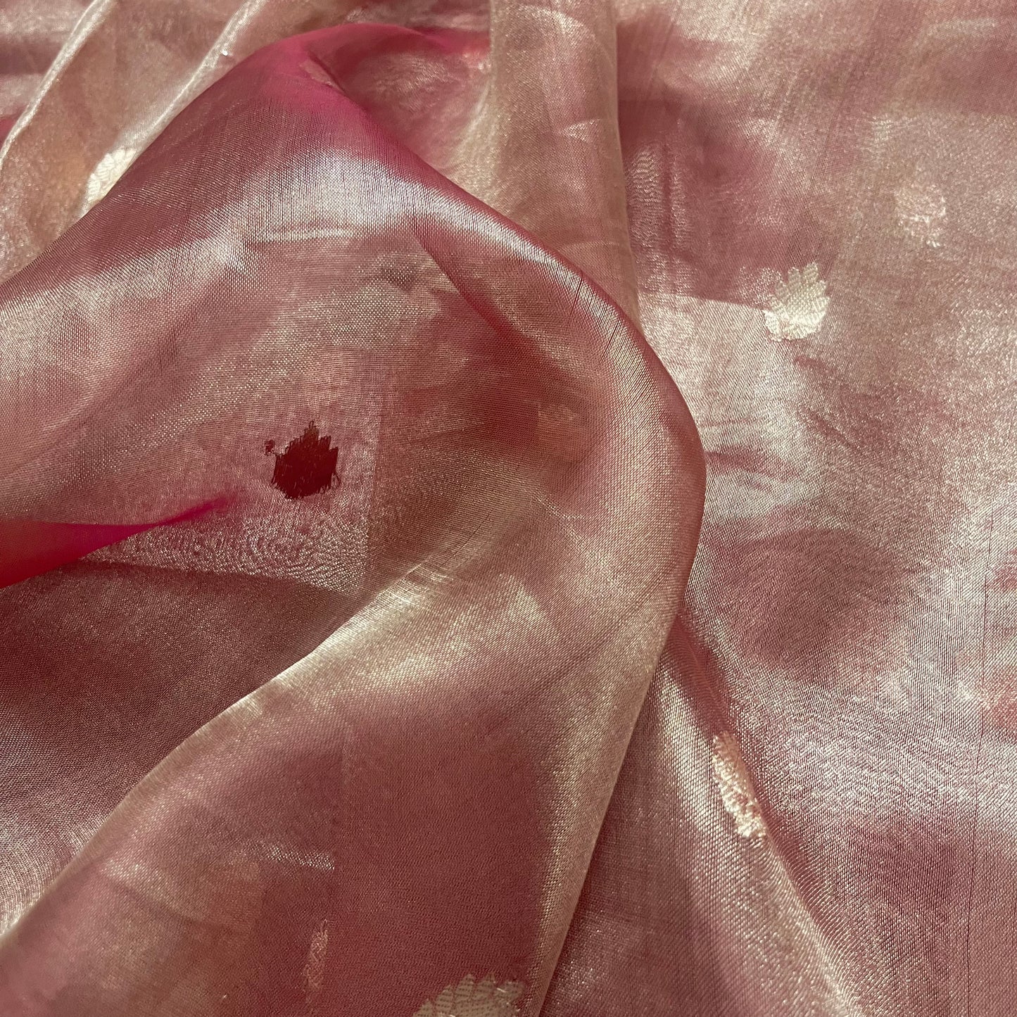 Peachish pink banarasi tissue silk saree with zari bootis and zari border