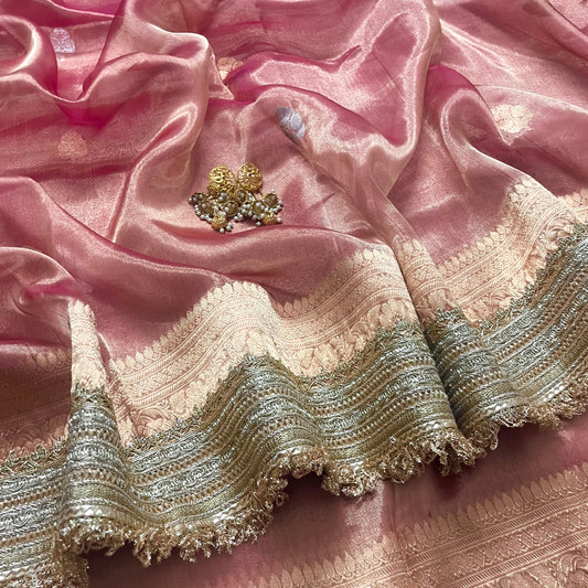 Blush pink banarasi tissue silk saree with zari bootis and zari border