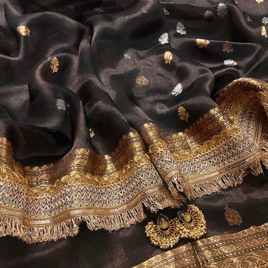 Coffee brown banarasi tissue silk saree with zari bootis and zari border