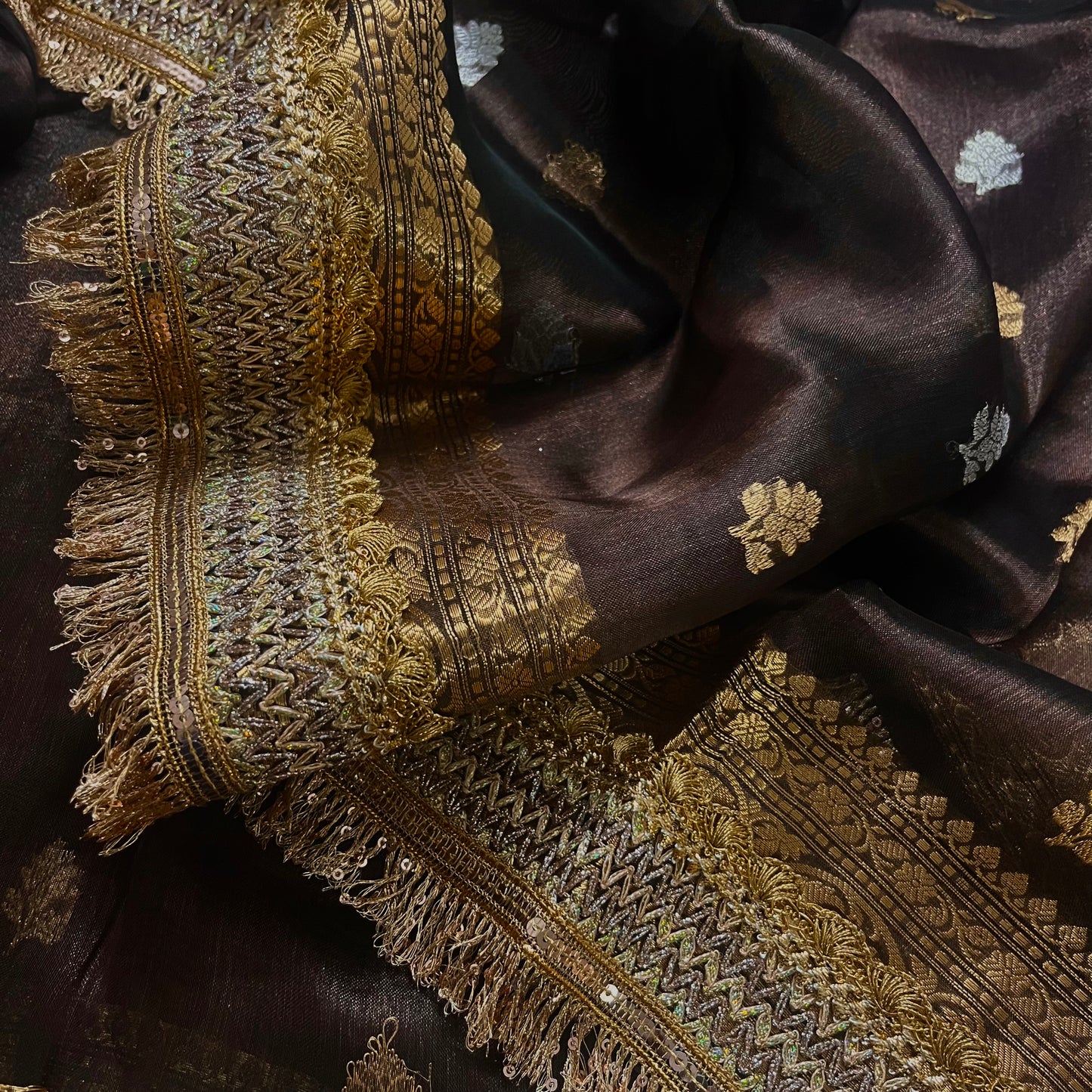 Coffee brown banarasi tissue silk saree with zari bootis and zari border