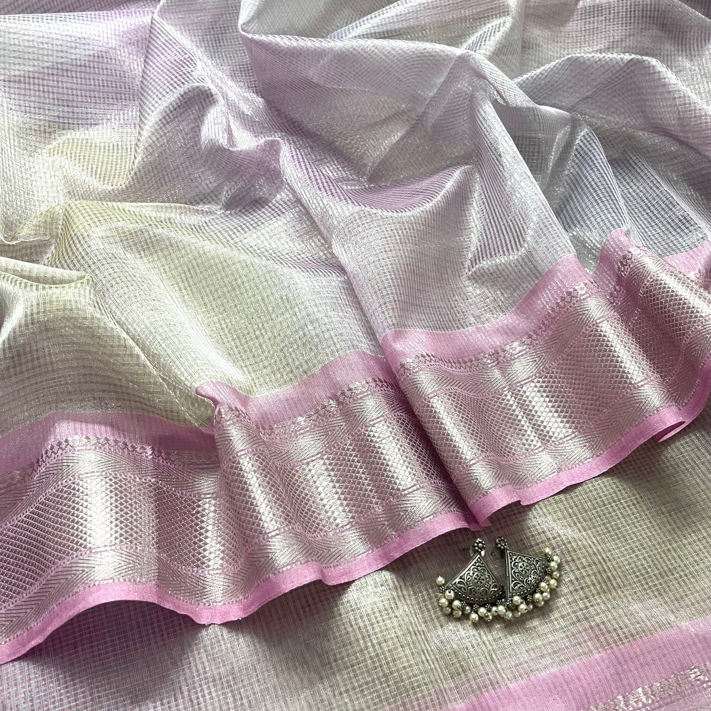 Pink and grey shaded maheshwari saree with zari lines all over