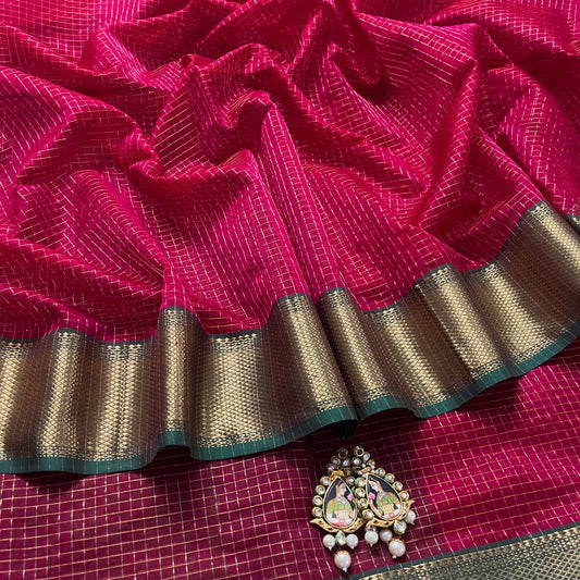 Crimson red and green maheshwari saree with zari checks all over