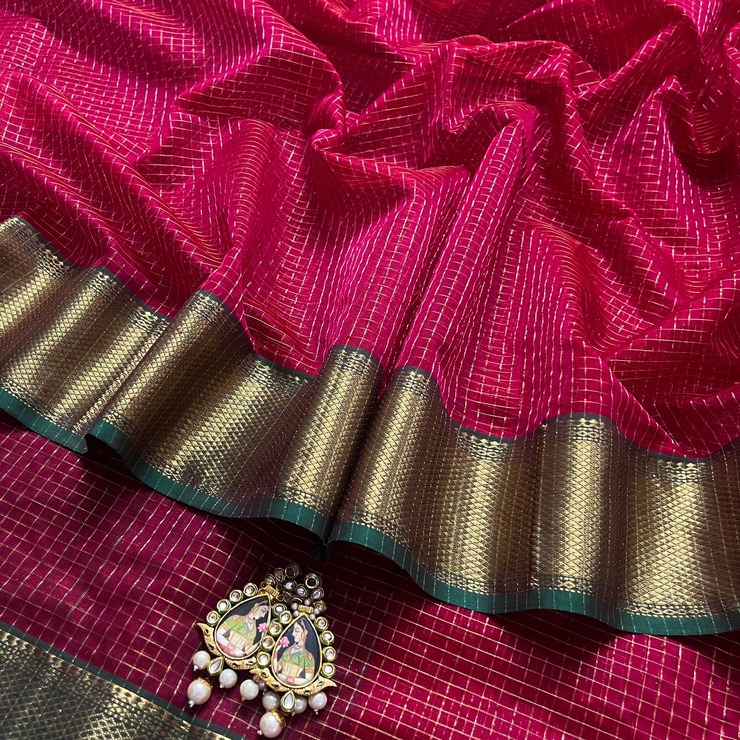 Crimson red and green maheshwari saree with zari checks all over