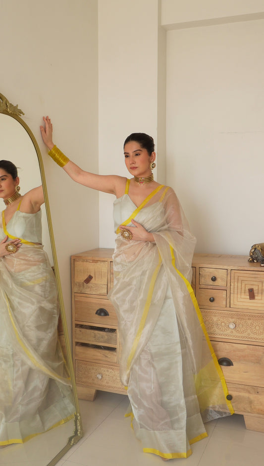 Silver white and lemon chanderi tissue silk saree