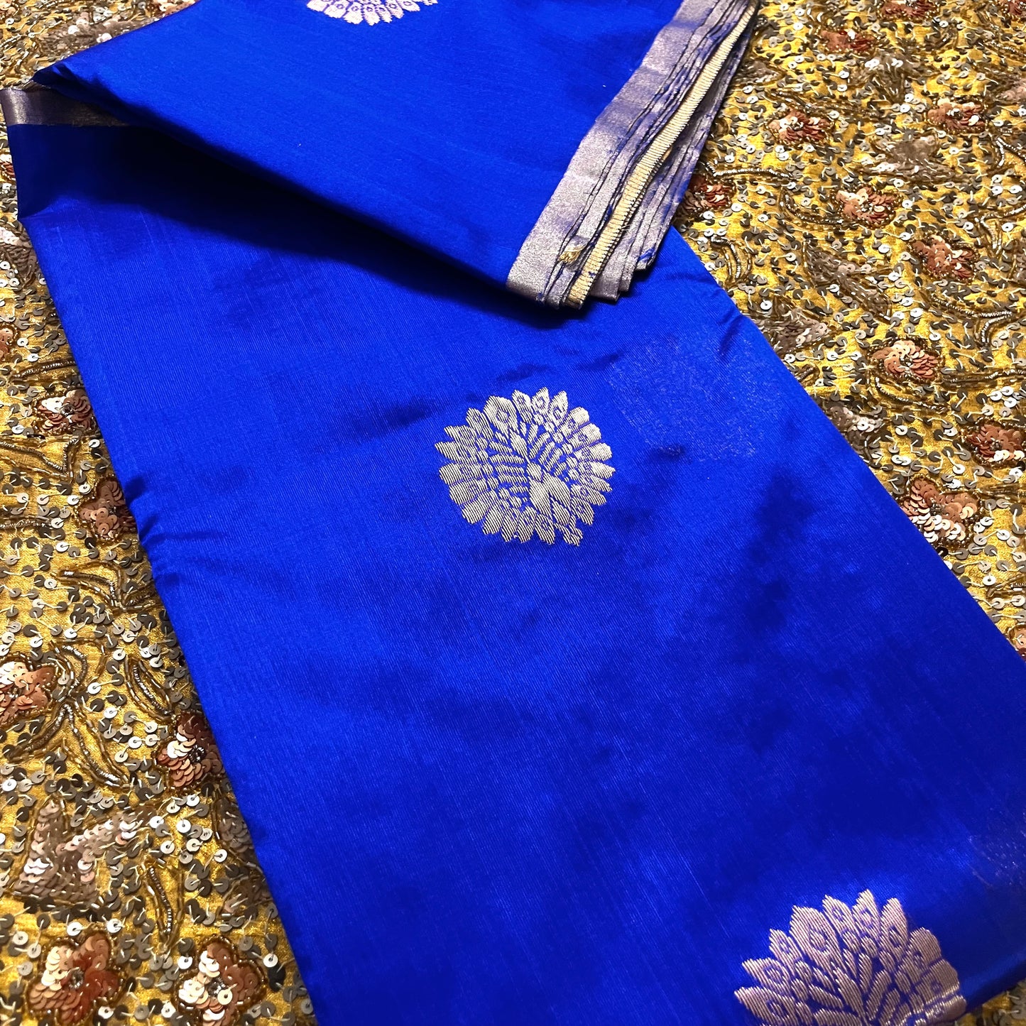 Royal blue chanderi silk saree with mor-motifs all over