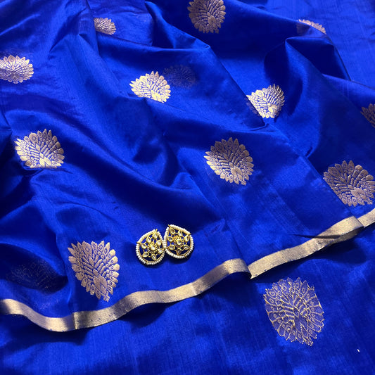 Royal blue chanderi silk saree with mor-motifs all over