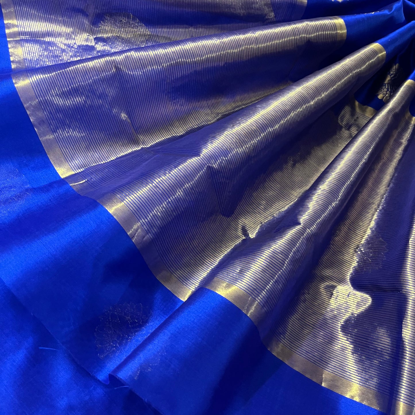 Royal blue chanderi silk saree with mor-motifs all over