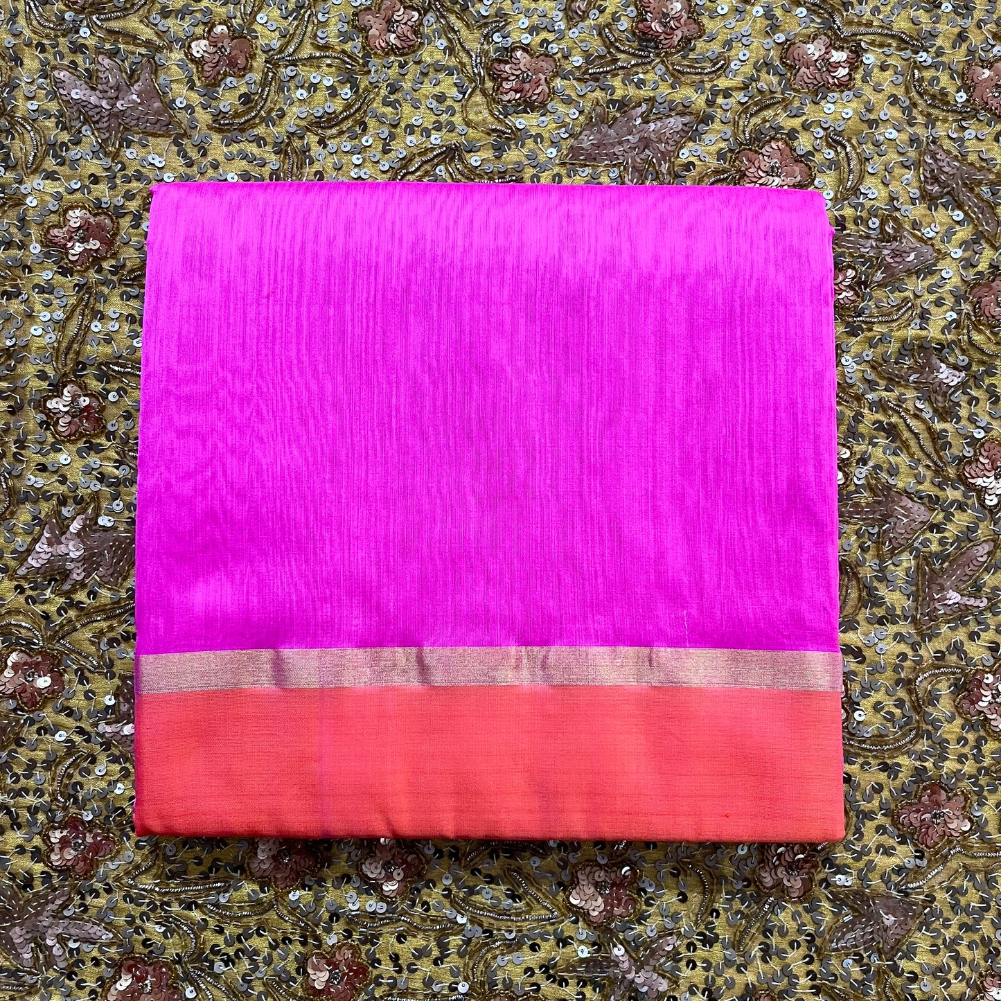 Pink and peach chanderi saree with zari lines on pallu