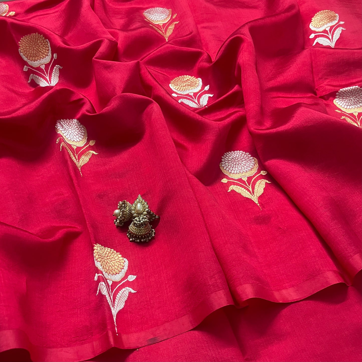 Crimson red banarasi silk saree with zari motifs all over