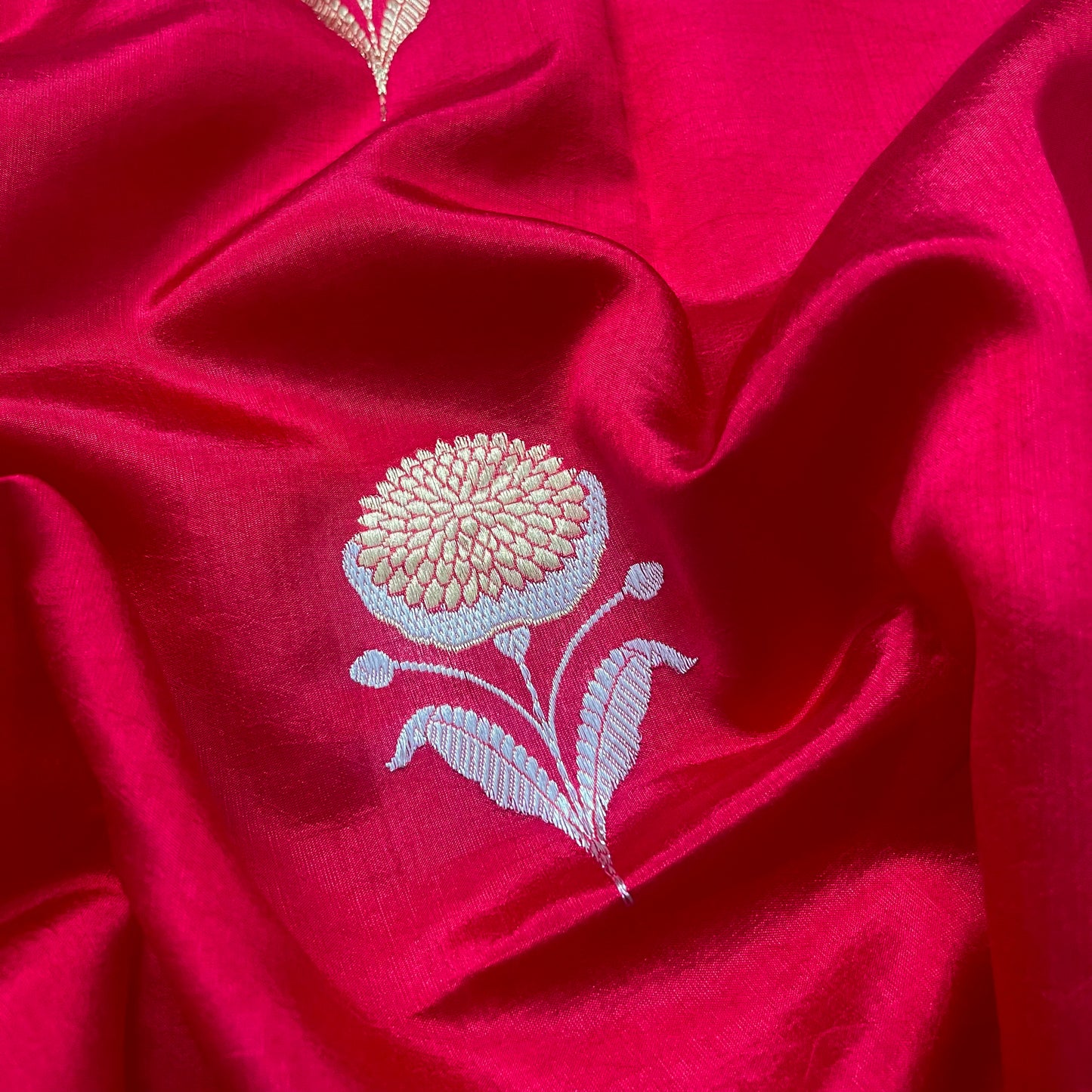 Crimson red banarasi silk saree with zari motifs all over