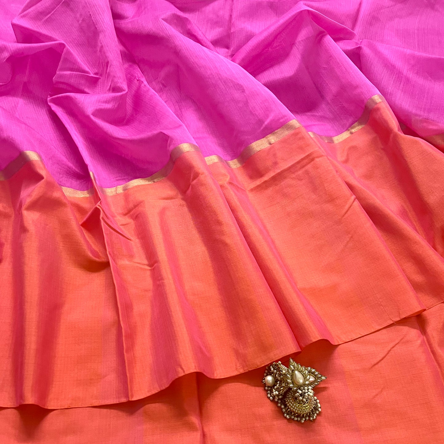 Pink and peach chanderi saree with zari lines on pallu