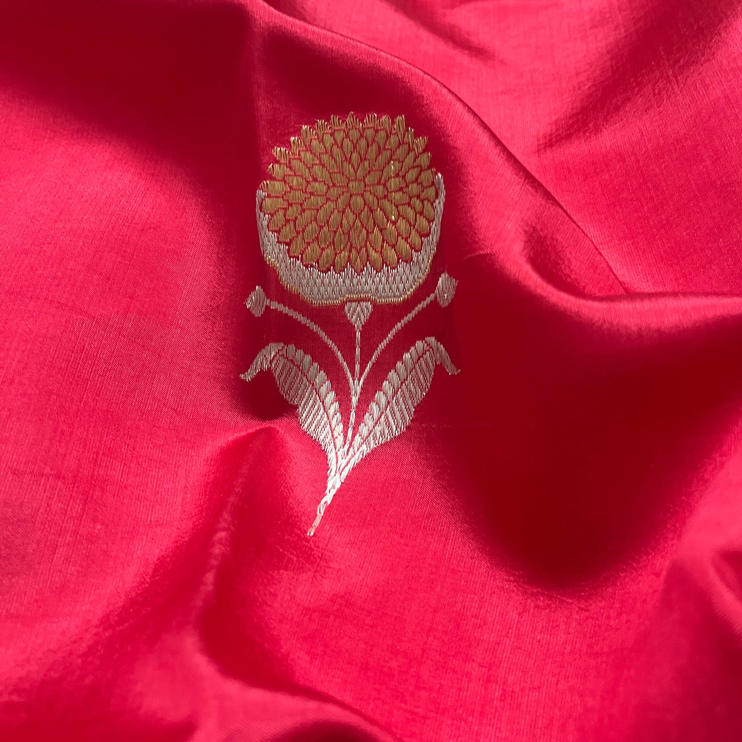 Crimson red banarasi silk saree with zari motifs all over