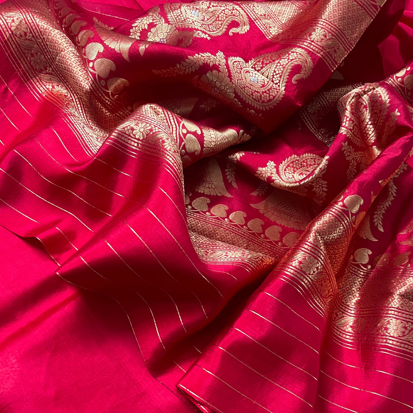 Crimson red banarasi silk saree with zari motifs all over