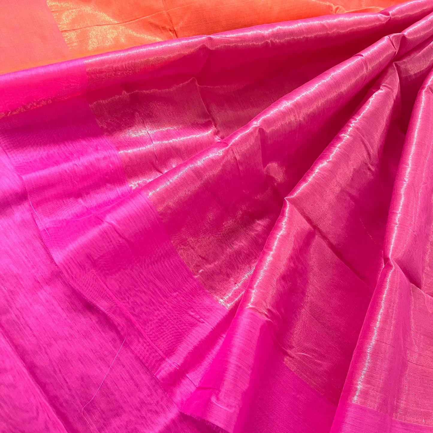 Pink and peach chanderi saree with zari lines on pallu