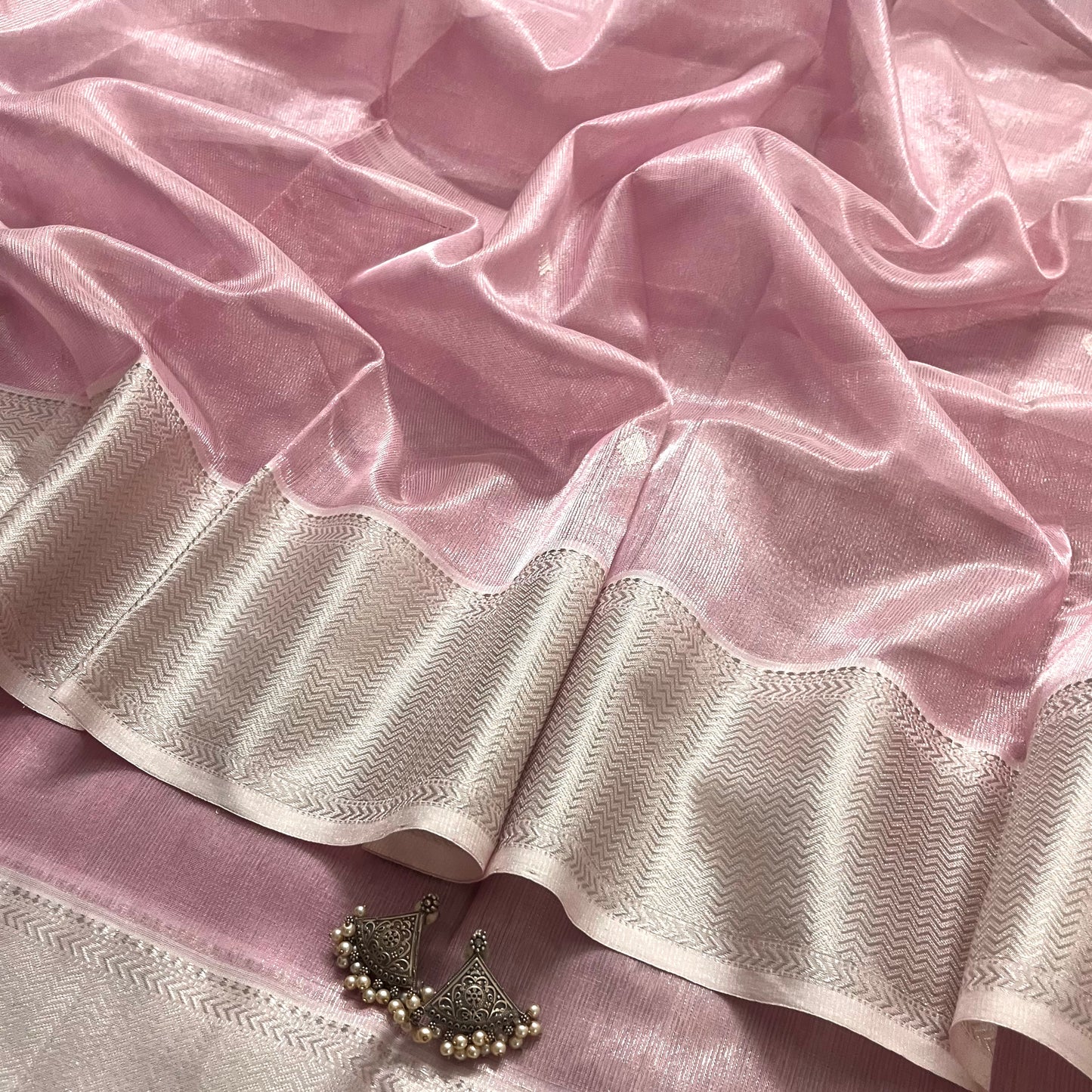 Baby pink maheshwari tissue silk saree with zari bootis all over