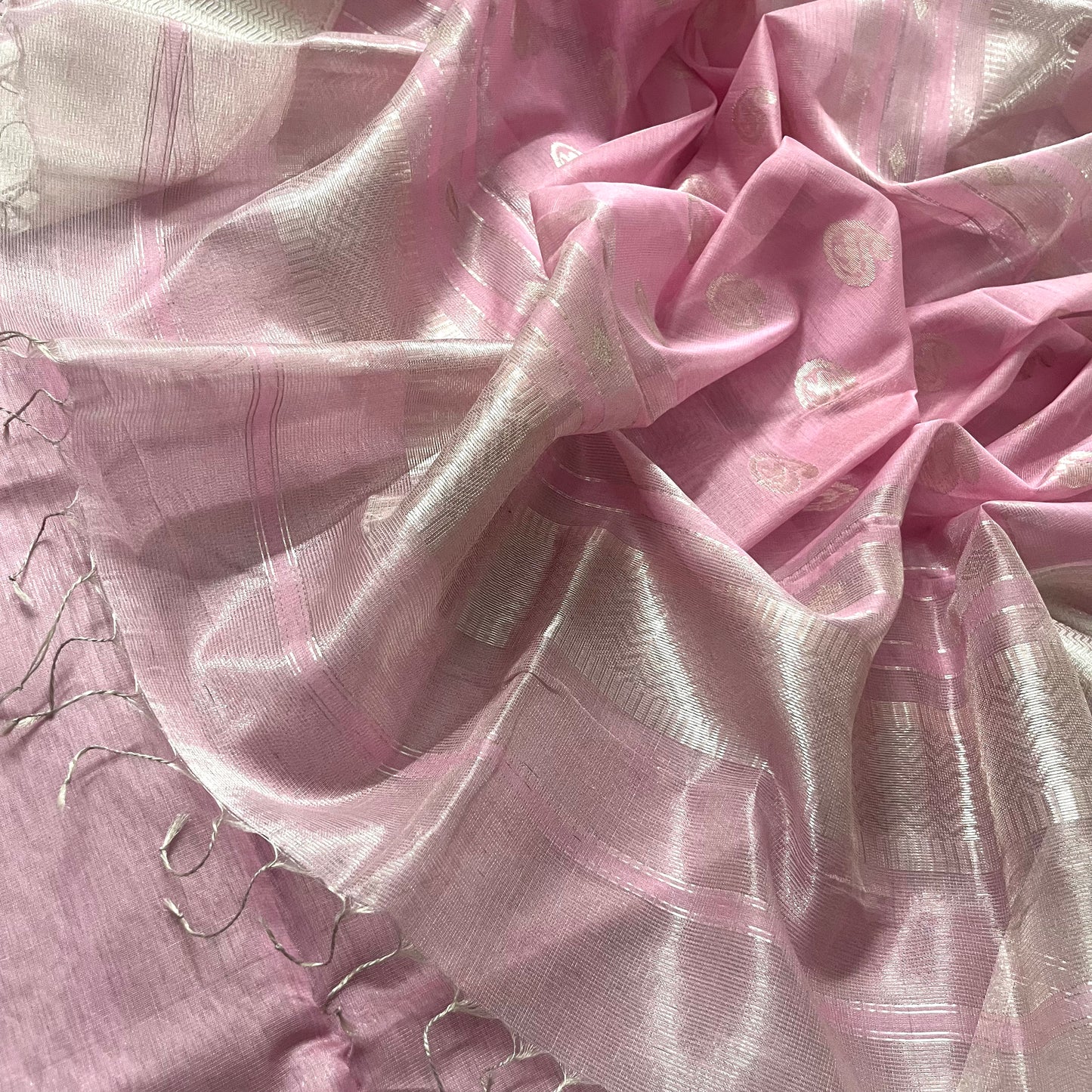 Baby pink maheshwari tissue silk saree with zari bootis all over