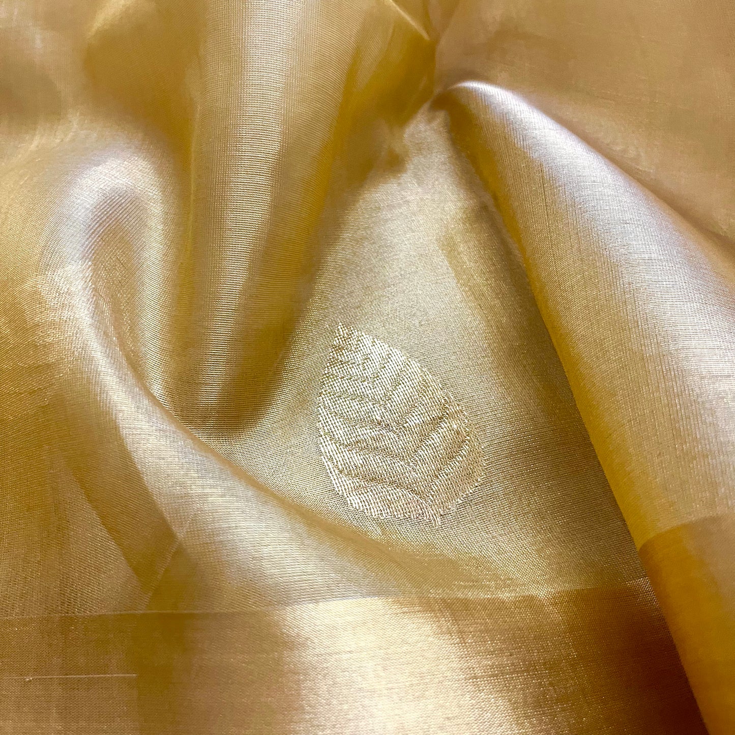Gold chanderi silk saree with zari motifs all over