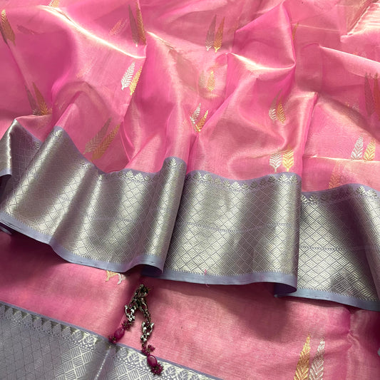 Pink and blue chanderi silk saree with zari motifs all over